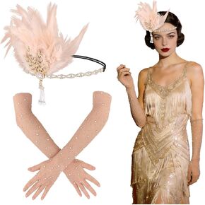 إكسسوارات أزياء العشرينيات من القرن العشرين، إكسسوارات زي غاتسبي العظيم، خوذة من العشرينيات من القرن الماضي مع عصابة رأس من الريش ومجموعة قفازات in Kuwait