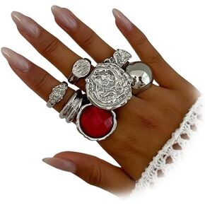 Chunky Gold Hammered Dome Knuckle Rings Set Stackable for Women Statement Red Crystal Thick Silver Ring Stacking Vintage Prom Party Jewelry Accessories in Saudi Arabia