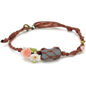 Handmade Boho Aquamarine Bracelet – March Birthstone Jewelry with Pink Rose & White Daisy, Adjustable Natural Gemstone Bracelet for Women, Floral Light Blue Crystal Bracelet Gift for Her in Saudi Arabia