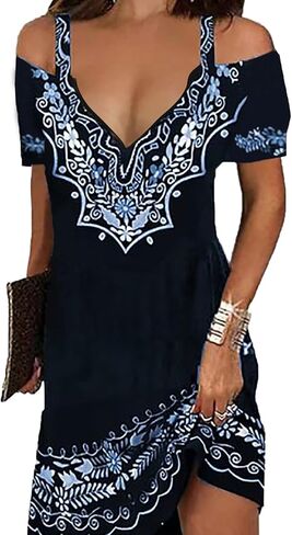 Summer Dresses for Women 2026 Cold Shoulder V Neck Vintage Print A-Line Dress Beach Vacation Boho Mini Sundress in Saudi Arabia