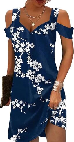 Summer Dresses for Women 2026 Cold Shoulder V Neck Vintage Print A-Line Dress Beach Vacation Boho Mini Sundress in Saudi Arabia