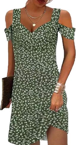Summer Dresses for Women 2026 Cold Shoulder V Neck Vintage Print A-Line Dress Beach Vacation Boho Mini Sundress in Saudi Arabia
