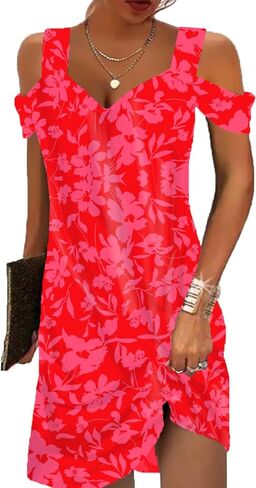 Summer Dresses for Women 2026 Cold Shoulder V Neck Vintage Print A-Line Dress Beach Vacation Boho Mini Sundress in Saudi Arabia