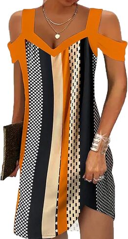 Summer Dresses for Women 2026 Cold Shoulder V Neck Vintage Print A-Line Dress Beach Vacation Boho Mini Sundress in Saudi Arabia