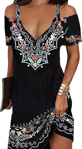 Summer Dresses for Women 2026 Cold Shoulder V Neck Vintage Print A-Line Dress Beach Vacation Boho Mini Sundress in Saudi Arabia