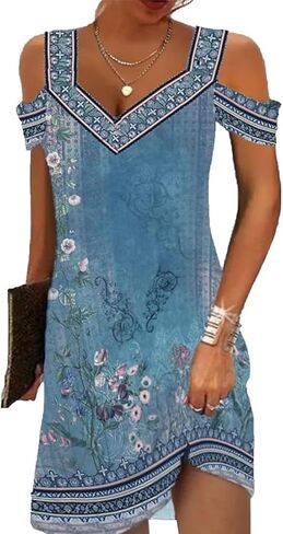 Summer Dresses for Women 2026 Cold Shoulder V Neck Vintage Print A-Line Dress Beach Vacation Boho Mini Sundress in Saudi Arabia