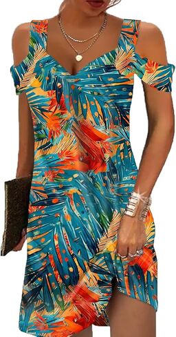 Summer Dresses for Women 2026 Cold Shoulder V Neck Vintage Print A-Line Dress Beach Vacation Boho Mini Sundress in Saudi Arabia