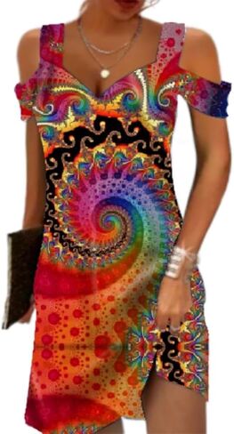 Summer Dresses for Women 2026 Cold Shoulder V Neck Vintage Print A-Line Dress Beach Vacation Boho Mini Sundress in Saudi Arabia