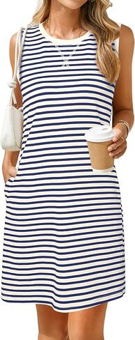 Glamaker Womens Summer Tshirt Dresses Casual Sleeveless Striped Shift Tank Short Sundress Boho Beach Vacation Outfits 2026 in Saudi Arabia