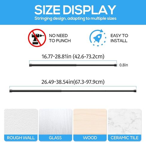 2 حزمة قضبان التوتر الربيع 17-38 بوصة، 5/8 بوصة قطرها أسود لا الحفر الربيع محملة قابل للتعديل للتمديد، قضيب ستارة صغير قصير التوتر للنوافذ المطبخ مدخل خزانة خزانة in Kuwait