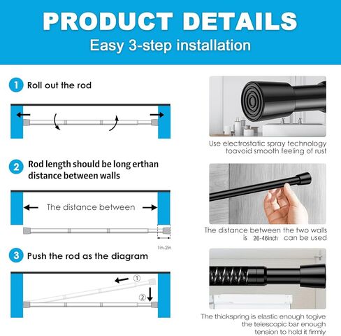 2 حزمة قضبان التوتر الربيع 17-38 بوصة، 5/8 بوصة قطرها أسود لا الحفر الربيع محملة قابل للتعديل للتمديد، قضيب ستارة صغير قصير التوتر للنوافذ المطبخ مدخل خزانة خزانة in Kuwait