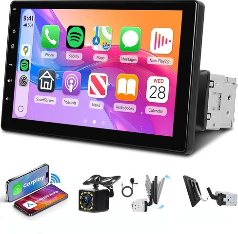 Single Din Wireless Carplay Car Radio Android Auto, Rimoody 9 inch Touchscreen Detachable Car Stereo with Bluetooth 5.0 Mirror Link FM/EQ USB/AUX/TF/SWC/MIC Car Audio Receiver Backup Camera in Kuwait