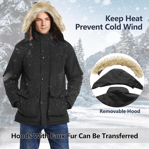 Men's Winter Thicken Coat Warm Faux Fur Lined Padded Puffer Parka Jacket with Removable Hood in Kuwait