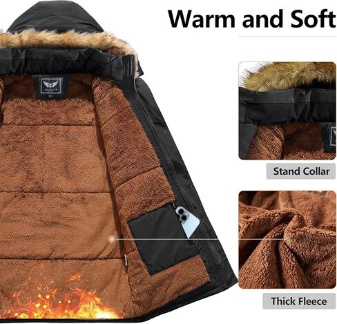 Men's Winter Thicken Coat Warm Faux Fur Lined Padded Puffer Parka Jacket with Removable Hood in Kuwait