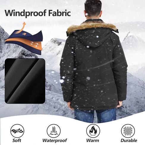 Men's Winter Thicken Coat Warm Faux Fur Lined Padded Puffer Parka Jacket with Removable Hood in Kuwait
