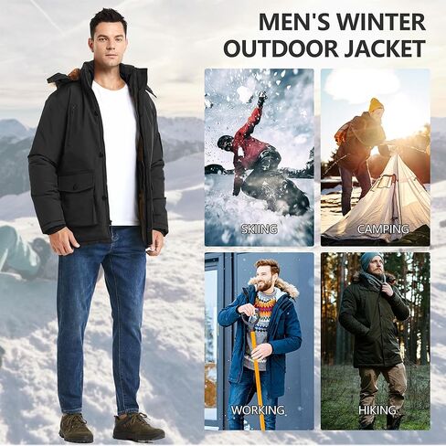 Men's Winter Thicken Coat Warm Faux Fur Lined Padded Puffer Parka Jacket with Removable Hood in Kuwait