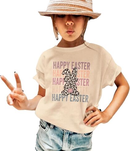 Girls Happy Easter Shirts Leopard Bunny Tshirt Cute Rabbit Outfits Kids Easter Holiday Short Sleeve Tee Tops 7-12Y in Saudi Arabia