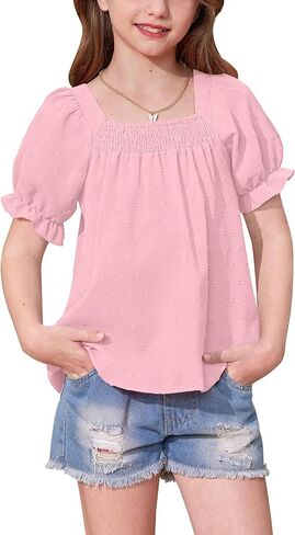 BesserBay Girls Summer Puff Short Sleeve Square Neck Tee Shirts Ruffle Smocked Blouses Cute Swiss Dot Tops 5-14 Years in Saudi Arabia