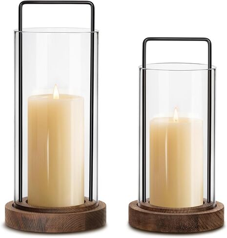 مجموعة هوموري مكونة من 2 حامل شموع على شكل إعصار مقاس 30.48 سم و25.4 سم مع قاعدة خشبية ومقبض معدني وأسطوانة زجاجية لديكور المزرعة الحديثة لتزيين المنزل، قطع مركزية للطاولة in Kuwait