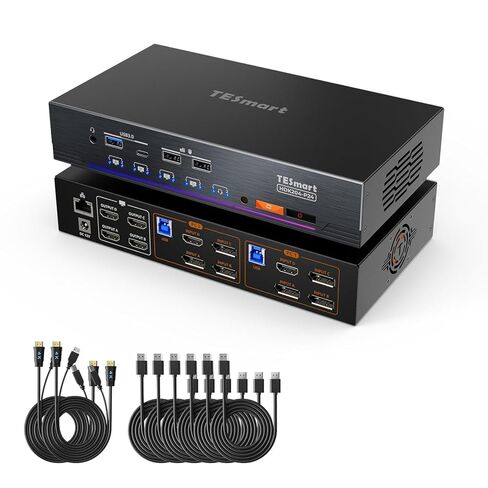 شاشة TESmart رباعية HDMI + DP MST KVM Switch 4 شاشات 4 أجهزة كمبيوتر 4K@60 هرتز، محطة إرساء USB 3.0 KVM، صوت وميكروفون، محاكيات EDID، مفتاح Hotkey، سماعات رف، مع كابلات الإدخال in Kuwait