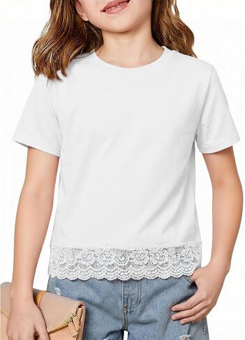 ZDC Girls Short Sleeve Lace Hem T Shirts Crewneck Casual Blouse Kids Summer Tops Tees 5-14 Years in Saudi Arabia