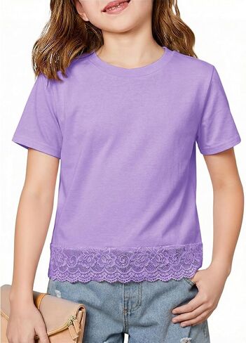 ZDC Girls Short Sleeve Lace Hem T Shirts Crewneck Casual Blouse Kids Summer Tops Tees 5-14 Years in Saudi Arabia
