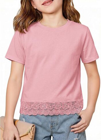 ZDC Girls Short Sleeve Lace Hem T Shirts Crewneck Casual Blouse Kids Summer Tops Tees 5-14 Years in Saudi Arabia