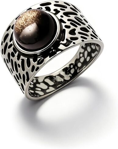 HAIXIAN Natural Black Obsidian Hammered Textured Wide Band Ring,Retro Sterling Silver Statement Thumb Index Chunky Cocktail Party Boho Bohemian Jewelry for Women in Saudi Arabia