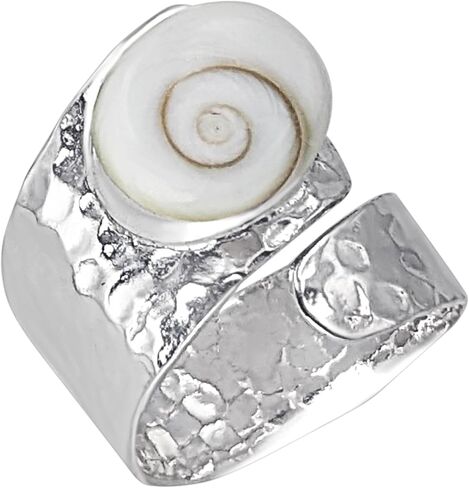 Silverly Sterling Silver Wide Hammered Ring With Shiva Eye Shell - Statement Adjustable Wraparound Band - Flat Textured Design - Ocean-Inspired Bohemian Jewelry for Women - Unique Ring in Saudi Arabia