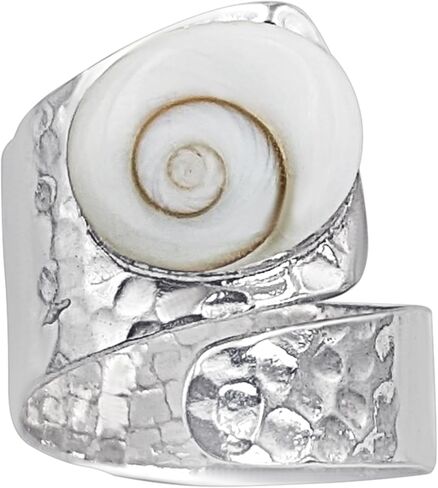 Silverly Sterling Silver Wide Hammered Ring With Shiva Eye Shell - Statement Adjustable Wraparound Band - Flat Textured Design - Ocean-Inspired Bohemian Jewelry for Women - Unique Ring in Saudi Arabia