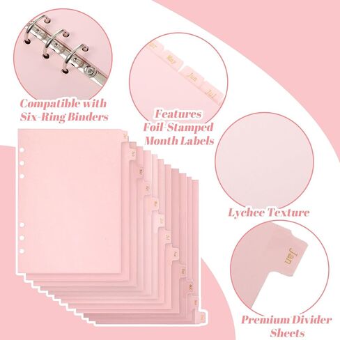 فواصل مجلد A5 مع 12 علامة تبويب شهرية، ورق وردي A5 6 حلقات مجلد إدراج فواصل مخطط وفواصل صفحات الفهرس للمجلات والمجلدات وأجهزة الكمبيوتر المحمولة والمخططين in Kuwait