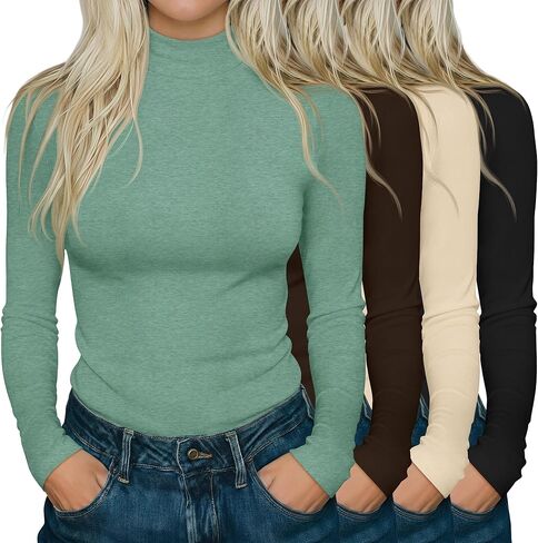 Neer 4 Pack Women's Mock Turtleneck Shirts Long Sleeve Pullover Tops Stretch Cotton Basic Layering Loose Fit Undershirt Tee in Saudi Arabia