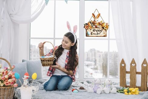 Easter Bunny Sign Happy Easter Door Sign Easter Wreaths for Front Door Cute Rabbit Hanging Plaque Easters Rabbit Door Hanger for Spring Farmhouse Doors Windows Porch Home Decoration in Saudi Arabia