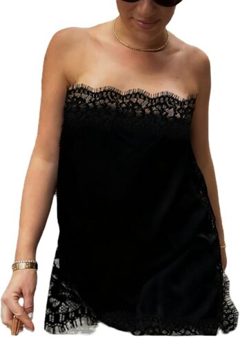 Women Satin Lace Tube Top Silk Strapless Backless Asymmetrical Bandeau Tops Sexy Y2k Going Out Streetwear in Saudi Arabia