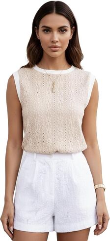 Women Eyelet Tank Tops Floral Casual Round Neck Sleeveless Summer Tops Trendy Basic Cute Plain Tanktops in Saudi Arabia