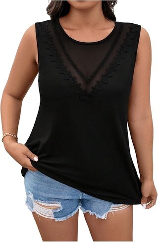 SHENHE Women's Plus Size Lace Trim Tunic Tank Tops Sleeveless Mesh Summer Vacation Shirts in Saudi Arabia