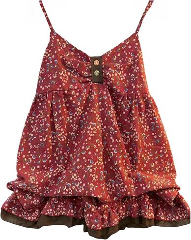 Coquette Cutecore Floral Spaghetti Strap Tank Top Boho Ruched Neck Babydoll Sleeveless Shirts Tees Summer Mini Dress in Saudi Arabia