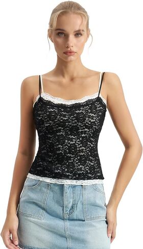 QINSEN Women's Double Layer Lace Camisole Tank Scoop Neck Summer Y2k Going Out Trendy Cami Shirt in Saudi Arabia