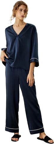 LilySilk Silk Pajama Set for Women 100% Sand-Wash Pullover Top V-Neck 3/4 Sleeves Waisted Pants Loose Casual in Saudi Arabia
