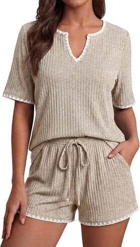Blooming Jelly Women Color Block Knit Ribbed Pajama Sets 2 Piece Shorts Lounge Sets Soft Comfy Loungewear With Pockets in Saudi Arabia