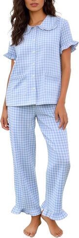 Flygo Gingham Pajama Sets for Women 2 Piece Lounge Set Button Down Cotton Babydoll Shirts Long Plaid Pants Y2K Pjs Sleepwear in Saudi Arabia