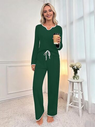 Women Pajamas Set V Neck Long Sleeve Two Piece Pajamas Homewear Relaxed Fit Top and Long Pants Drawstring Waist in Saudi Arabia
