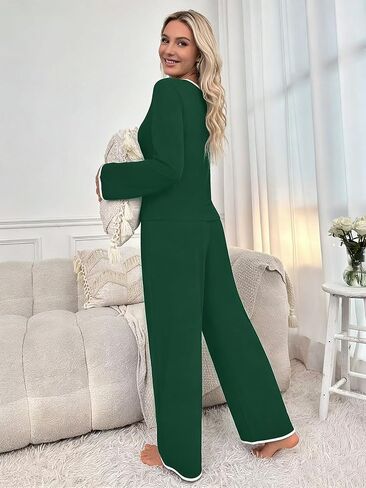 Women Pajamas Set V Neck Long Sleeve Two Piece Pajamas Homewear Relaxed Fit Top and Long Pants Drawstring Waist in Saudi Arabia