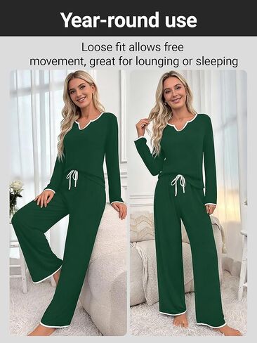 Women Pajamas Set V Neck Long Sleeve Two Piece Pajamas Homewear Relaxed Fit Top and Long Pants Drawstring Waist in Saudi Arabia