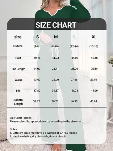 Women Pajamas Set V Neck Long Sleeve Two Piece Pajamas Homewear Relaxed Fit Top and Long Pants Drawstring Waist in Saudi Arabia