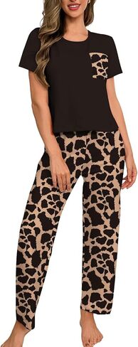 Women's Pajama Set Soft Short Sleeve Tshirt & Wide Leg Pants Cute Print Summer Sleepwear for Ladies Loose Fit 2-Piece in Saudi Arabia