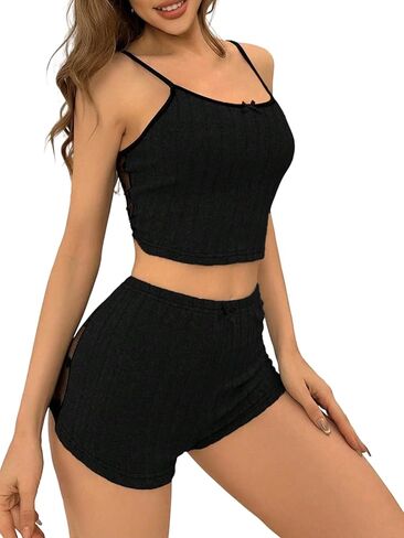 OYOANGLE Women's 2 Piece Heart Print Mesh Pajama Set Bow Cami Top and Shorts Pjs Rib Knit Sleepwear in Saudi Arabia