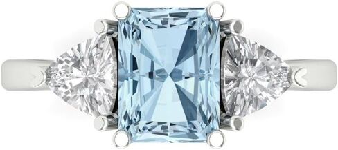 Clara Pucci 14K Solid Gold Engagement Ring for Women | 2.82 cttw Aquamarine Emerald Cut Three-Stone | Real White Gold Wedding Ring in Saudi Arabia