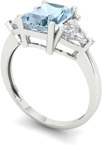Clara Pucci 14K Solid Gold Engagement Ring for Women | 2.82 cttw Aquamarine Emerald Cut Three-Stone | Real White Gold Wedding Ring in Saudi Arabia