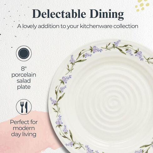 طبق سلطة بورتميريون صوفي كونران لافاندولا - طبق بورسلين مقاس 8 بوصة بتصميم مموج وزخارف لافندر، مثالي لوجبات الإفطار والغداء وحفلات الحديقة ووجبات الغداء غير الرسمية ووجبات العشاء الأنيقة - آمن للاستخدام في غسالة الأطباق in Kuwait